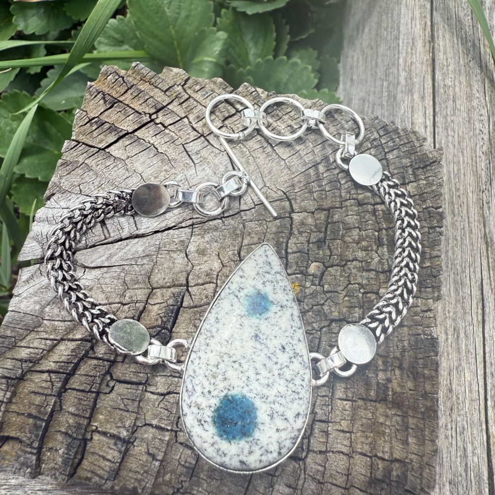 Handmade Silver Teardrop Bracelet with Blue Accent